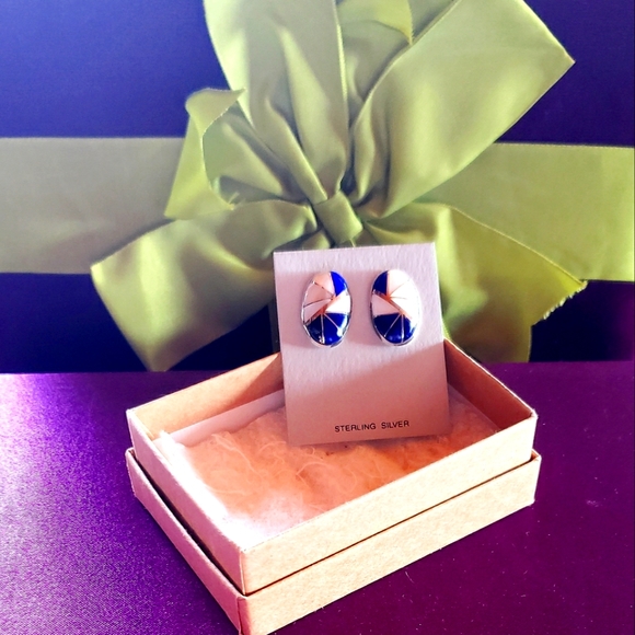 KALLESTEWA Designer Earrings Zuni Lapis Mother of Pearl Sterling Signed - NWT - Picture 3 of 8